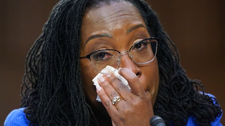Supreme Court nominee Ketanji Brown Jackson wipes her eye as she testifies during her Senate Judiciary Committee confirmation hearing on Capitol Hill in Washington, Wednesday, March 23, 2022. (AP Photo/Alex Brandon)



