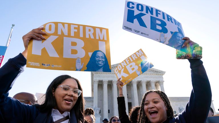 Supporters of the confirmation of Judge Ketanji Brown Jackson rally outside of the Supreme Court on Capitol Hill  in Washington, Monday, March 21, 2022.The Senate Judiciary Committee begins historic confirmation hearings Monday for Judge Ketanji Brown Jackson, who would be the first Black woman on the Supreme Court.( AP Photo/Jose Luis Magana)
