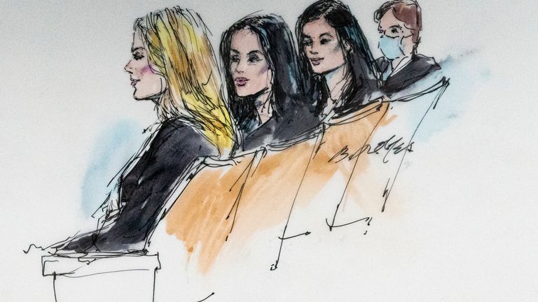 In this courtroom artist sketch, television personalities sit in court in Los Angeles Tuesday, April, 19, 2022. A jury has been seated in a trial that pits model and former reality television star Blac Chyna against the Kardashian family, who she alleges destroyed her TV career. Khloe Kardashian, Kim Kardashian, Kylie Jenner, Kris Jenner are the defendants in the case. Blac Chyna sued them for $100 million after her reality show ...Rob & Chyna" was canceled. (Bill Robles for AP)