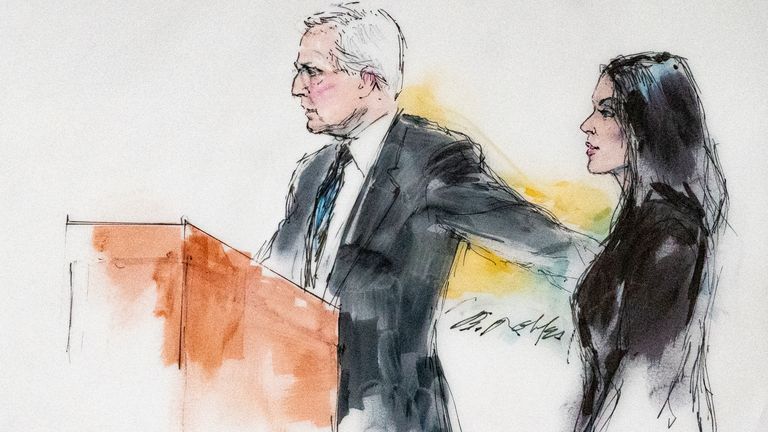 In this courtroom artist sketch, attorney Michael Rhodes and Kim Kardashian appear in court in Los Angeles Tuesday, April, 19, 2022. A jury has been seated in a trial that pits model and former reality television star Blac Chyna against the Kardashian family, who she alleges destroyed her TV career. Television personalities Kris Jenner and her daughters Kim Kardashian, Khloe Kardashian and Kylie Jenner, are the defendants in the case. Blac Chyna sued them for $100 million after her reality show ...Rob & Chyna" was canceled. (Bill Robles via AP)