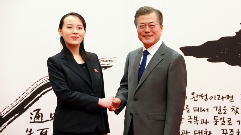 South Korean President Moon Jae-in shakes hands with Kim Yo Jong