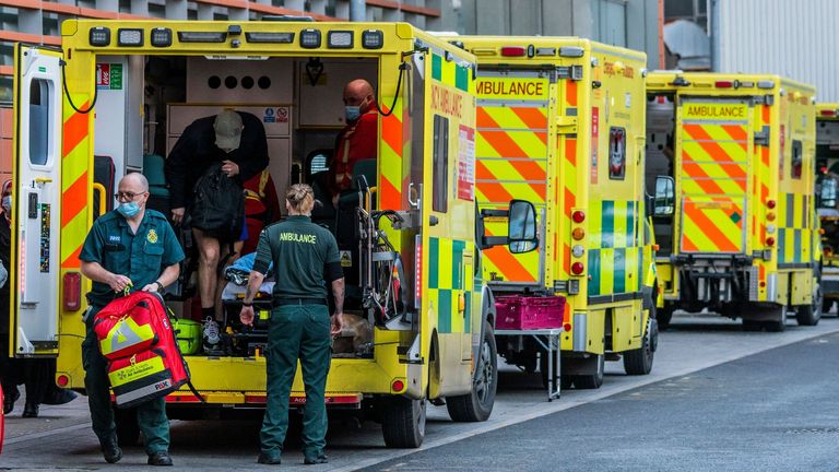 Ambulances outside the A&E Department at the Royal London Hospital in Whitechapel.
