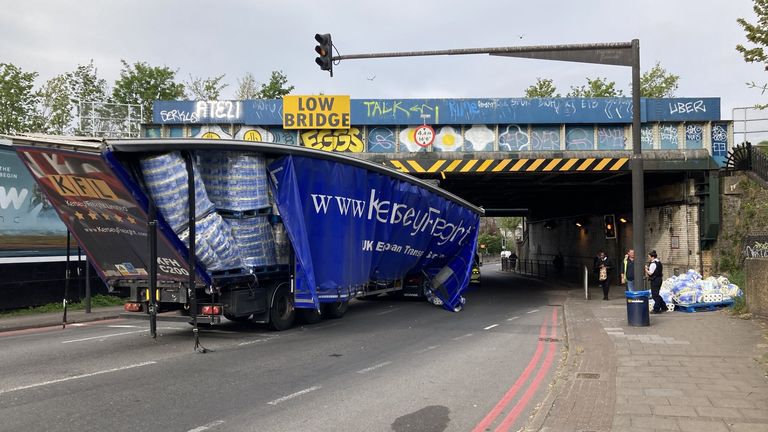 Lorry stuck under bridge
Picture taken with permission from the twitter feed of @johnestevens of a lorry carrying toilet rolls after its collision with a bridge on Verdant Lane in Lewisham, London. Picture date: Thursday April 28, 2022.