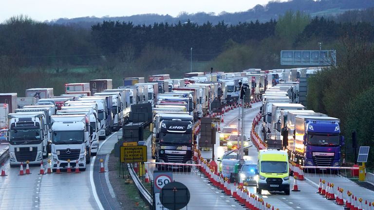 A view of lorries queued in Operation Brock on the M20 near Ashford in Kent as freight delays continue at the Port of Dover, in Kent, where P&O ferry services remain suspended after the company sacked 800 workers without notice. Picture date: Thursday April 7, 2022.

