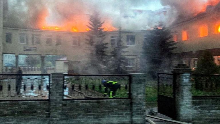 Firefighters battling a fire at a hospital in Lyman, Donetsk region, after it was bombed by Russia last week. Pic: State Donetsk Region Police