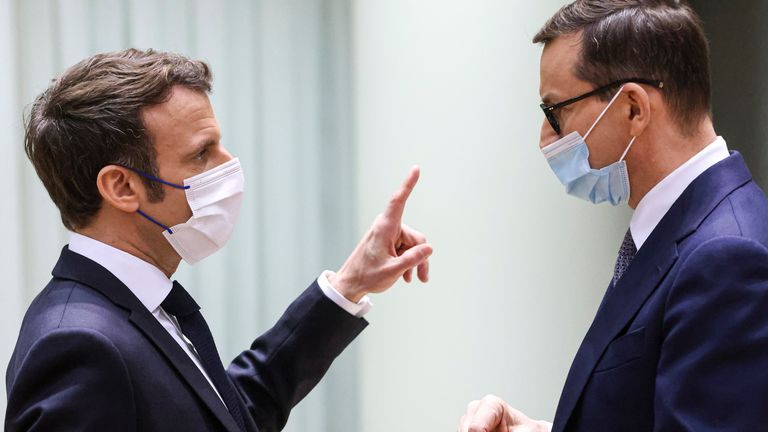Macron and Morawiecki in conversation during a meeting of EU leaders to discuss Ukraine in February