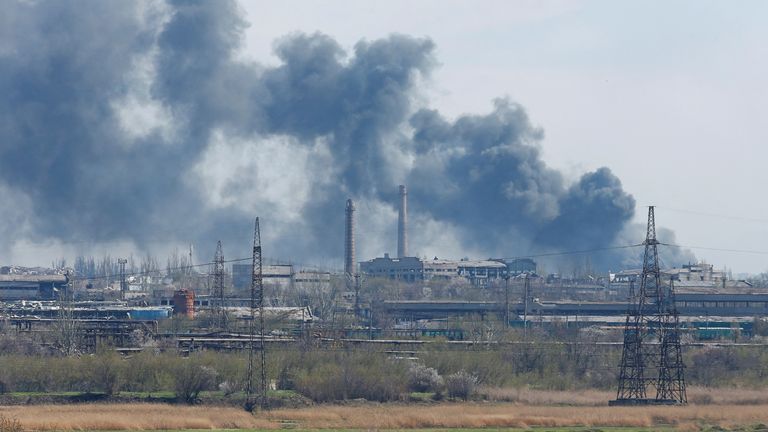 Smoke rises above a plant of Azovstal Iron and Steel Works company during Ukraine-Russia conflict in the southern port city of Mariupol, Ukraine April 20, 2022. REUTERS/Alexander Ermochenko
