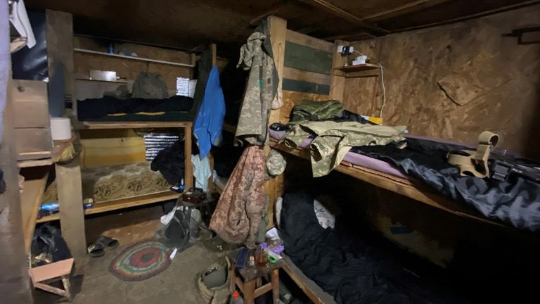 Cramped living quarters of Ukrainian soldiers near the village of Pisky