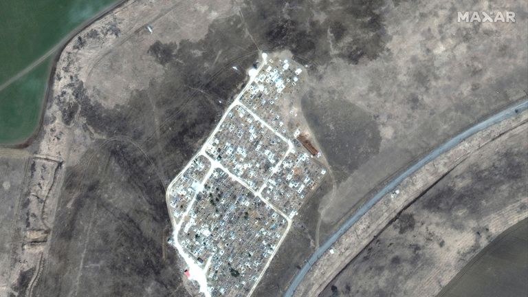 Satellite images appear to show mass graves tothe east of Mariupol. Pic: Maxar Technologies