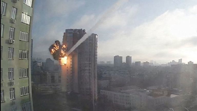 Surveillance footage shows a missile hitting a residential building in Kyiv on 26 February