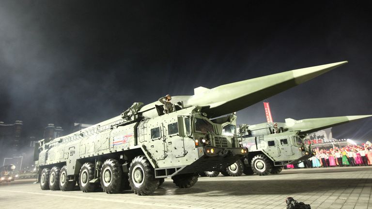 Missile vehicles take part in a nighttime military parade to mark the 90th anniversary of the founding of the Korean People&#39;s Revolutionary Army?in Pyongyang, North Korea, in this undated photo released by North Korea&#39;s Korean Central News Agency (KCNA