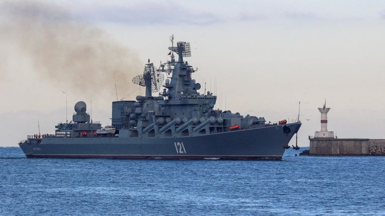 The Russian Navy&#39;s guided missile cruiser Moskva sails back into a harbour after tracking NATO warships in the Black Sea, in the port of Sevastopol, Crimea November 16, 2021