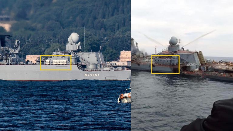 White lifeboats are visible in this image of the Moskva in 2021 but not in the image believed to have been taken just after the alleged attack. Pic: Reuters