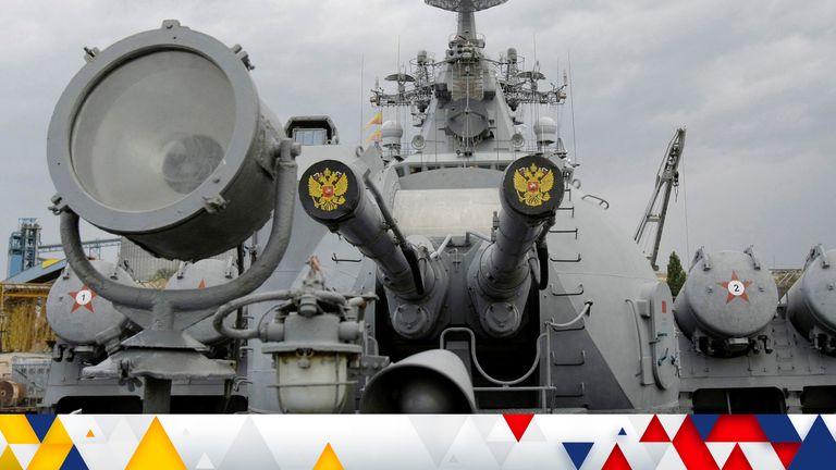 FILE PHOTO: Russia&#39;s coat of arms, the double headed eagle, is seen on covers of the missile cruiser Moskva in the Ukrainian Black Sea port of Sevastopol September 16, 2008. REUTERS/Denis Sinyakov/File Photo
