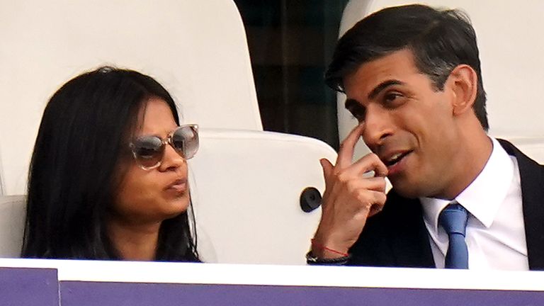 Chancellor of the Exchequer Rishi Sunak alongside his wife Akshata Murthy in the stands during day one of the cinch Second Test match at Lord&#39;s, London. Picture date: Thursday August 12, 2021.