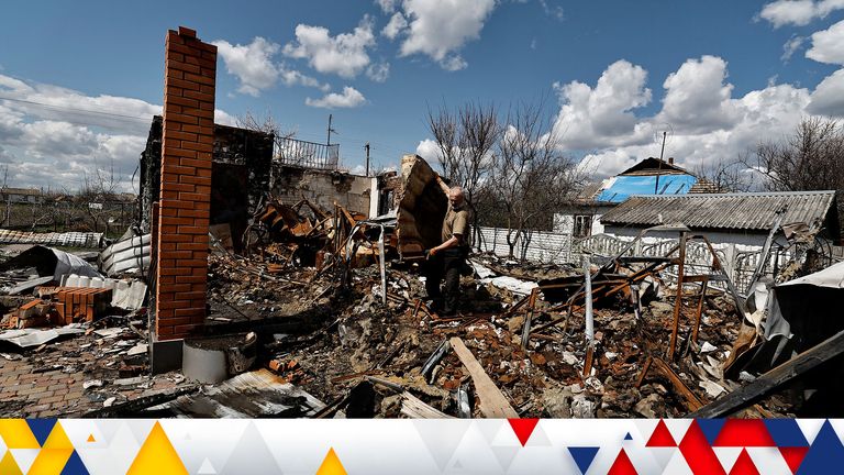 Mykola Nahornyi, 59, tries to recover what remains of his belongings at his house that, according to him, was destroyed by Russian shelling amid their invasion, on March 7th, in Kolychivka, Chernihiv region, Ukraine April 27, 2022. REUTERS/Zohra Bensemra