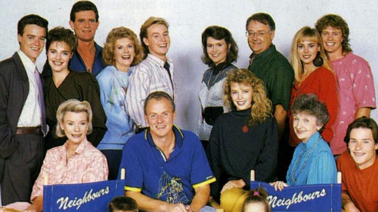 &#39;Neighbours&#39; TV Soap Early Cast Picture with Jason Donovan and Kylie Minogue. 1987. Pic: Fremantle Media/Shutterstock
