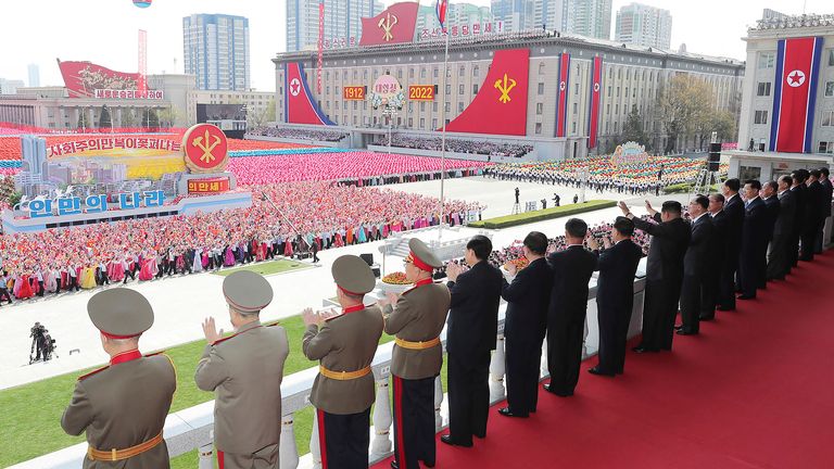 In this photo provided by the North Korean government, youth and students gather to celebrate the 110th birth anniversary of its late founder Kim Il Sung in Pyongyang, North Korea Friday, April 15, 2022. Independent journalists were not given access to cover the event depicted in this image distributed by the North Korean government. The content of this image is as provided and cannot be independently verified. Korean language watermark on image as provided by source reads: "KCNA" which is the a