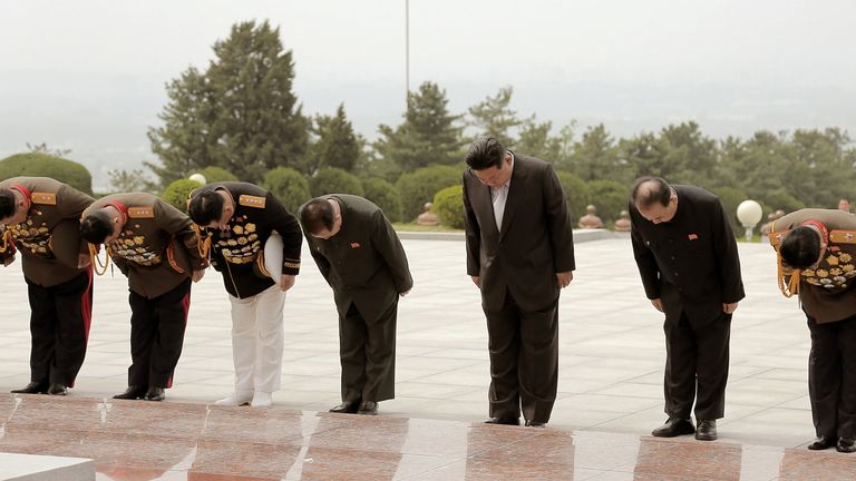 North Korean leader Kim Jong Un attends an event at the headquarters of the Central Committee of the Workers&#39; Party to mark the 90th anniversary of the founding of the Korean People&#39;s Revolutionary Army in Pyongyang, North Korea