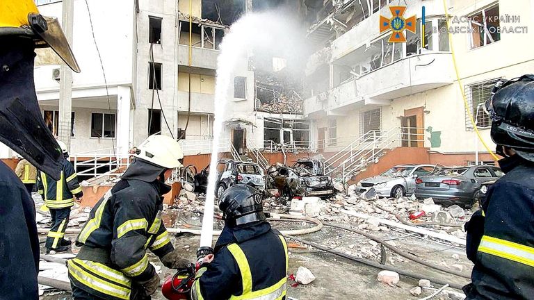Firefighters at apartments after Saturday&#39;s missile attack on Odesa