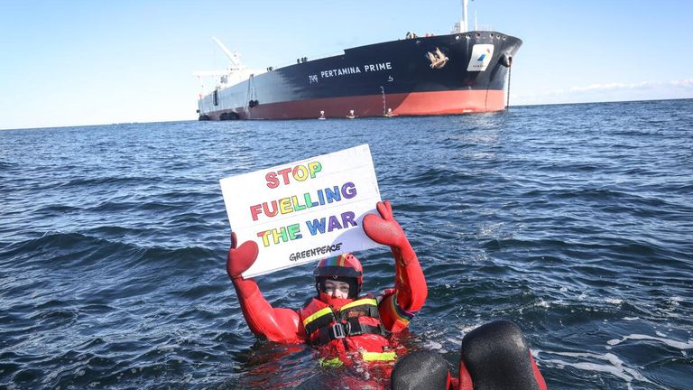 Greenpeace activists on Thursday (March 31) blocked two oil tankers off the coast of Denmark from transferring 100,000 tonnes of Russian oil, in what the organisation said was an attempt to stop funding Russia&#39;s invasion of Ukraine.
Pic: © Kristian Buus / Greenpeace