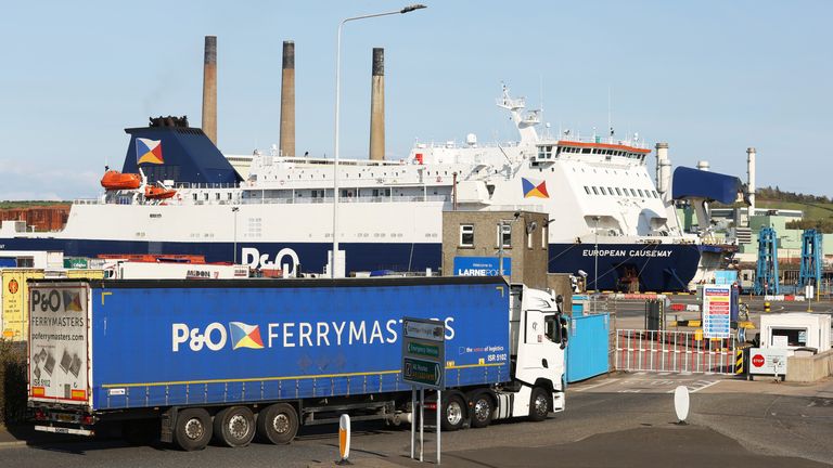 P&O Ferries operated European Causeway vessel in dock at the Port of Larne, Co Antrim, after the vessel travelling between Cairnryan and Larne lost power off the Co Antrim coast. The ferry which can carry 410 passengers, was adrift five miles off the coast of Larne for more than an hour on Tuesday afternoon, according to tracking website Marine Traffic. Picture date: Tuesday April 26, 2022.
