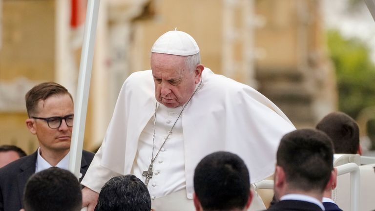 Pope Francis&#39; trip to Malta has been particularly taxing for the 85-year-old pontiff, who is suffering from painful strained right knee ligaments.