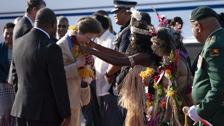 The Princess Royal is presented with Lei on arrival at Jackson International Airport in Port Moresby, on day one of the royal trip to Papua New Guinea on behalf of the Queen, in celebration of the Platinum Jubilee. Picture date: Monday April 11, 2022.
