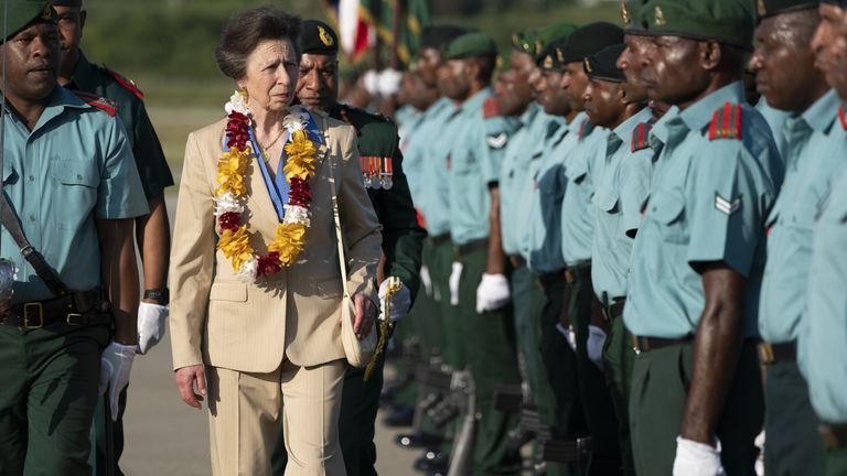 The Princess Royal inspects the Band on arrival at Jackson International Airport in Port Moresby, on day one of the royal trip to Papua New Guinea on behalf of the Queen, in celebration of the Platinum Jubilee. Picture date: Monday April 11, 2022.

