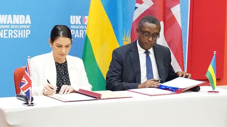 Home Secretary Priti Patel and Rwandan minister for foreign affairs and international co-operation, Vincent Biruta, signed a "world-first" migration and economic development partnership in the East African nation&#39;s capital city Kigali, on Thursday. Picture date: Thursday April 14, 2022.
