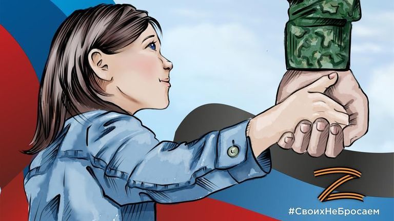 Imagery shared on the "defending the truth" website depicting a child supporting Russian troops. 