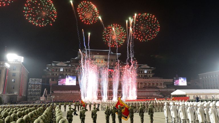 Fireworks explode over a nighttime military parade to mark the 90th anniversary of the founding of the Korean People&#39;s Revolutionary Army?in Pyongyang, North Korea, in this undated photo released by North Korea&#39;s Korean Central News Agency (KCNA) on April 26, 2022. KCNA via REUTERS? ATTENTION EDITORS - THIS IMAGE WAS PROVIDED BY A THIRD PARTY. REUTERS IS UNABLE TO INDEPENDENTLY VERIFY THIS IMAGE. NO THIRD PARTY SALES. SOUTH KOREA OUT. NO COMMERCIAL OR EDITORIAL SALES IN SOUTH KOREA.
