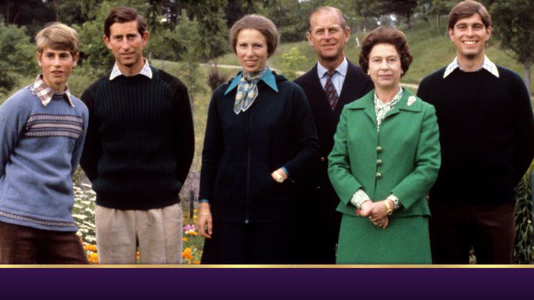 Queen Elizabeth II with the Duke of Edinburgh and their children Prince Edward, Prince Charles, Princess Anne, and Prince Andrew, at Balmoral.  1979
