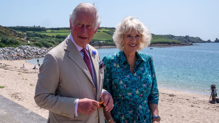 The Prince of Wales and the Duchess of Cornwall, during a visit to St MaryÕs Quayside, on St Mary&#39;s, Isles of Scilly. Picture date: Tuesday July 20, 2021.