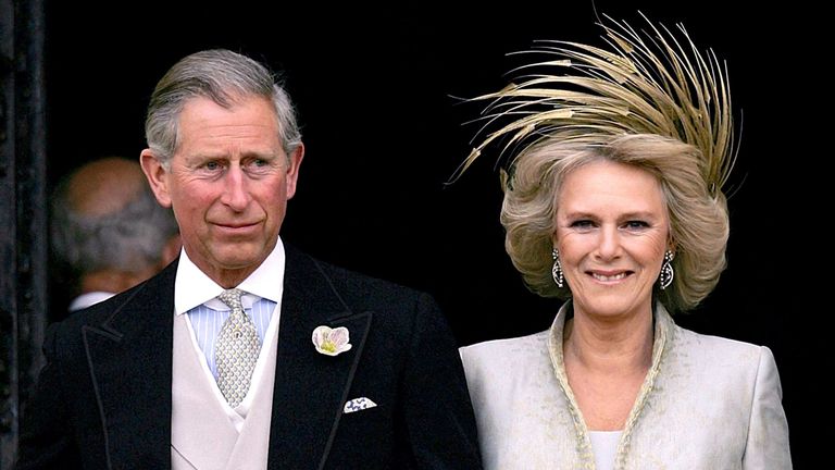 File photo dated 09/04/2005 of Prince Charles, the Prince of Wales, and Camilla the Duchess of Cornwall, leave St George&#39;s Chapel, Windsor, following the blessing of their wedding. The Queen has used her Platinum Jubilee message to the nation to back the Duchess of Cornwall as Queen Camilla, shaping the future of the monarchy on her historic milestone. Issue date: Sunday February 6, 2022.
