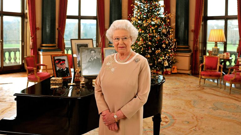 EMBARGOED TO 0001 WEDNESDAY DECEMBER 24. Britain&#39;s Queen Elizabeth II stands in the Music Room of Buckingham Palace after recording her Christmas day message to the Commonwealth.