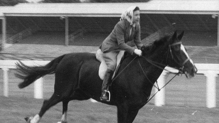  16-Jun-1960
Queen Elizabeth II riding on the racecourse before the opening of the third day of the Royal Ascot meeting. She took part in an unofficial &#39;race&#39; and finished fourth to other members of her party of seven.