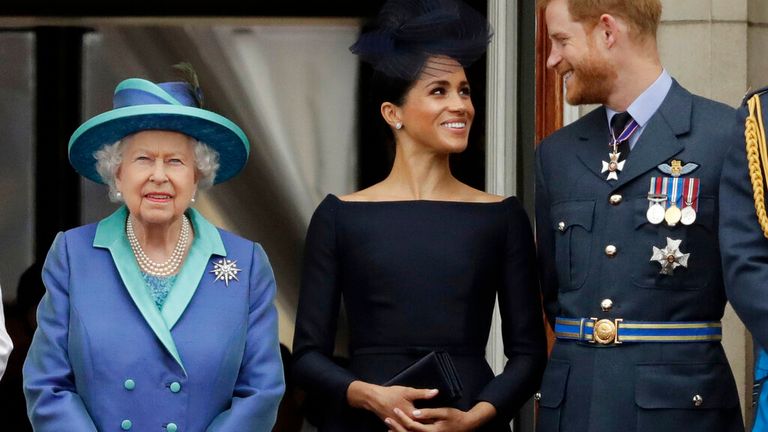 The Queen watched a flypast with Harry and Meghan in 2020                                               