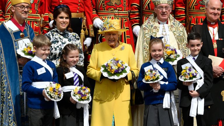 The Queen at the Maundy Day service at St George&#39;s Chapel in Windsor on 18 April, 2019. Pic: AP