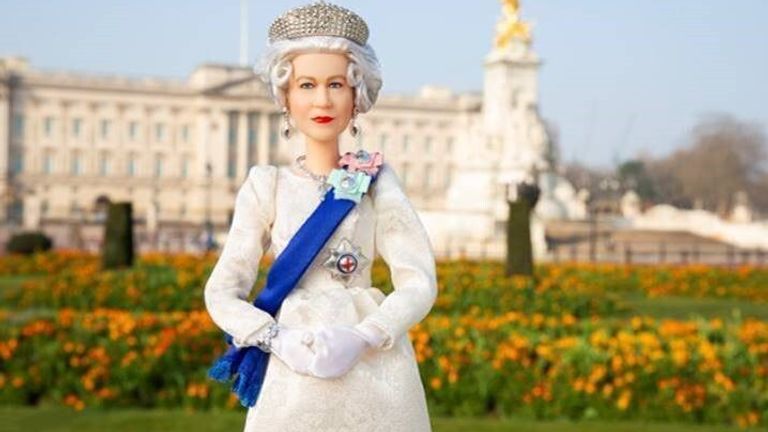 An undated handout photograph by Mattel of Queen Elizabeth II's Barbie doll to celebrate the Queen's historic Platinum Year.  Release date: Thursday, April 21, 2022.