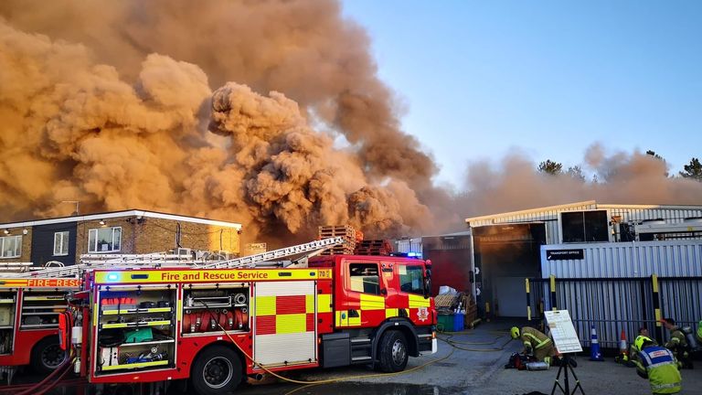 Handout photo of a fire breaking out at an industrial building on River Way, Harlow. Firefighters arrived on the scene just after 5am on Tuesday after reports that a fire had broken out on an industrial site on the River Way, Harlow. Picture date: Tuesday April 26, 2022.
