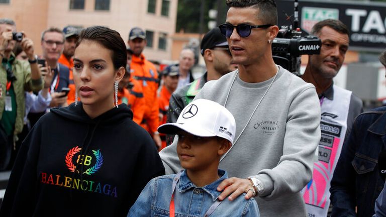 Ronaldo with Georgina Rodriguez and his son Cristiano Ronaldo Jr in May 2019. Pic: AP