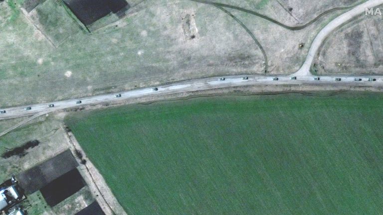 A satellite image shows armoured vehicles heading towards the Donbas region