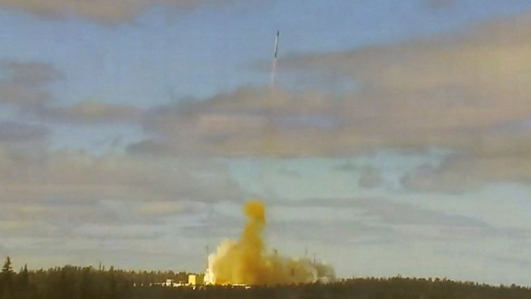 The Sarmat intercontinental ballistic missile is launched during a test at Plesetsk cosmodrome in Arkhangelsk region, Russia. Pic: Russian Defence Ministry
