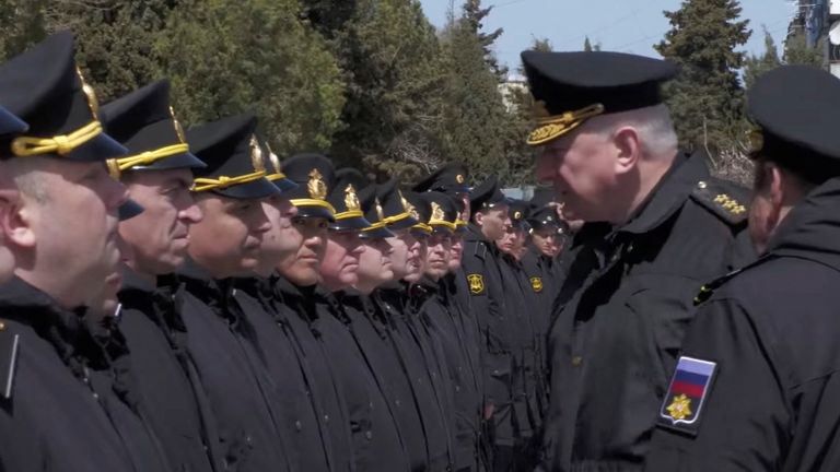 Crew members from the sunken missile cruiser Moskva line up for a meeting with the head of the Russian navy, Admiral Nikolai Yevmenov, in Sevastopol, Crimea, in this still image taken from a video released on April 16, 2022. Russian Defence Ministry/Handout via REUTERS ATTENTION EDITORS - THIS IMAGE WAS PROVIDED BY A THIRD PARTY. NO RESALES. NO ARCHIVES. MANDATORY CREDIT

