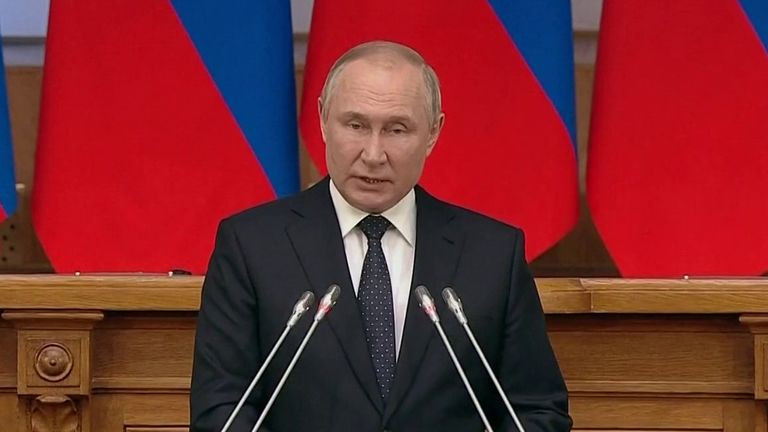 Russian President Vladimir Putin speaks in St Petersburg.