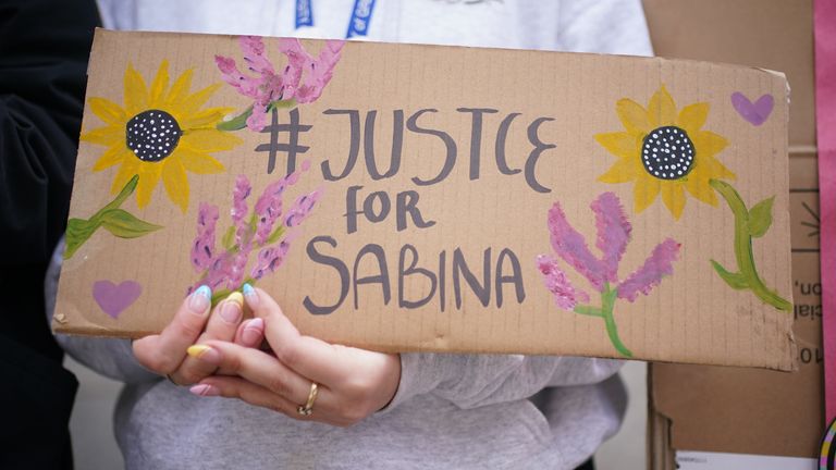 Supporters from the Sabina Project outside the Old Bailey, central London, ahead of the sentencing of garage worker Koci Selamaj for the murder of primary school teacher Sabina Nessa who was killed as she walked through Cator Park on her way to meet a friend in Kidbrooke, south-east London on September 17, 2021.