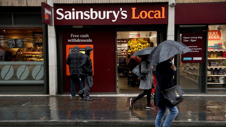 People walk past a Sainsbury&#39;s Local in London, Monday, April 30, 2018. Pic: AP