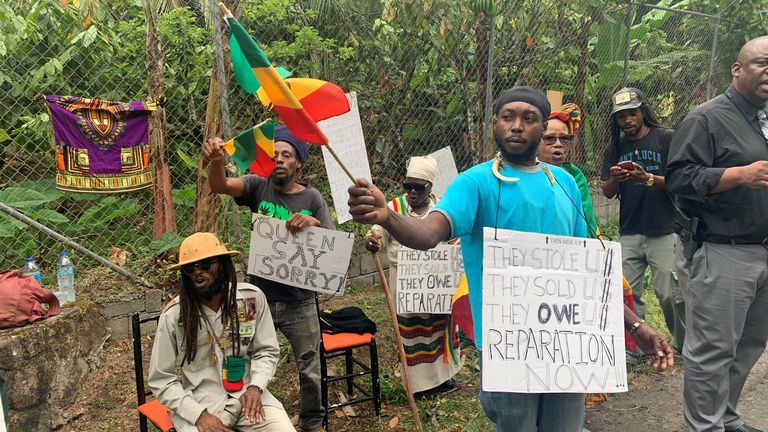 A small protest out the Fond Doux Cocoa Plantation in Saint Lucia during the visit by the Earl and the Countess of Wessex, as they continue their visit to the Caribbean, to mark the Queen&#39;s Platinum Jubilee. Picture date: Wednesday April 27, 2022.