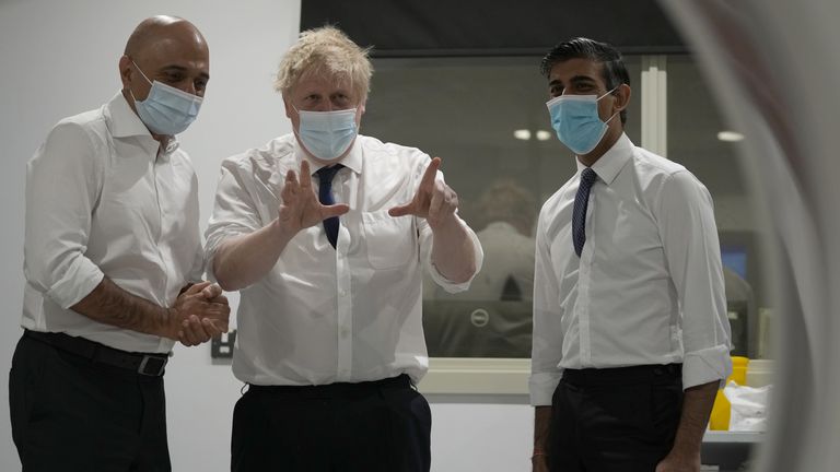 (left to right) Health Secretary Sajid Javid, Prime Minister Boris Johnson and Chancellor of the Exchequer Rishi Sunak look at a CT scanner during a visit to the New Queen Elizabeth II Hospital, Welwyn Garden City, Hertfordshire. Picture date: Wednesday April 6, 2022.
